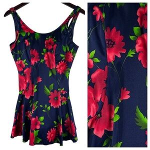 Vtg Maxine Of Hollywood Swimsuit Swimdress Sz 12 Large Floral Blue Red One Pc.